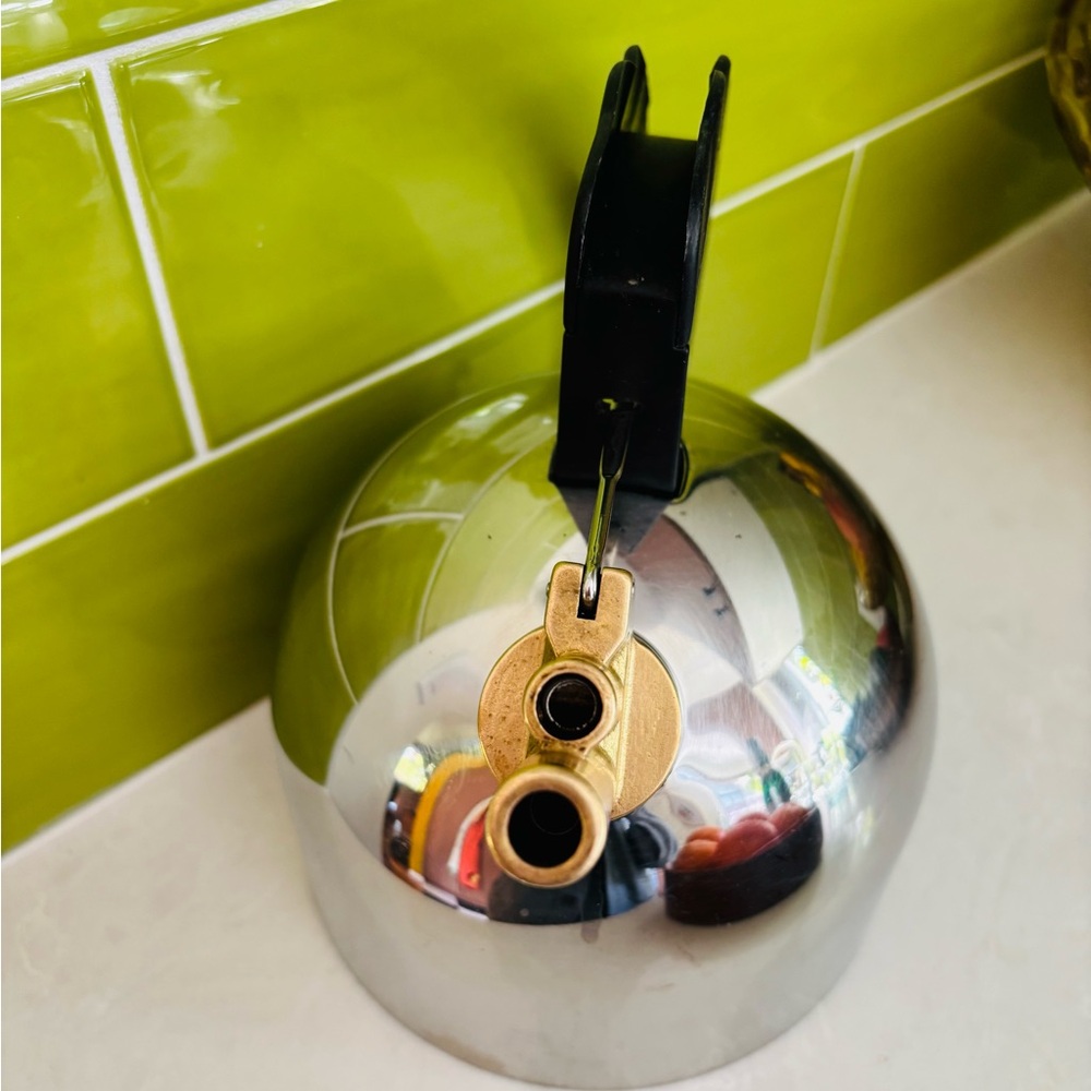 Alessi 9091 stainless steel kettle with brass double barrel spout +copper bottom - Picture 8 of 10